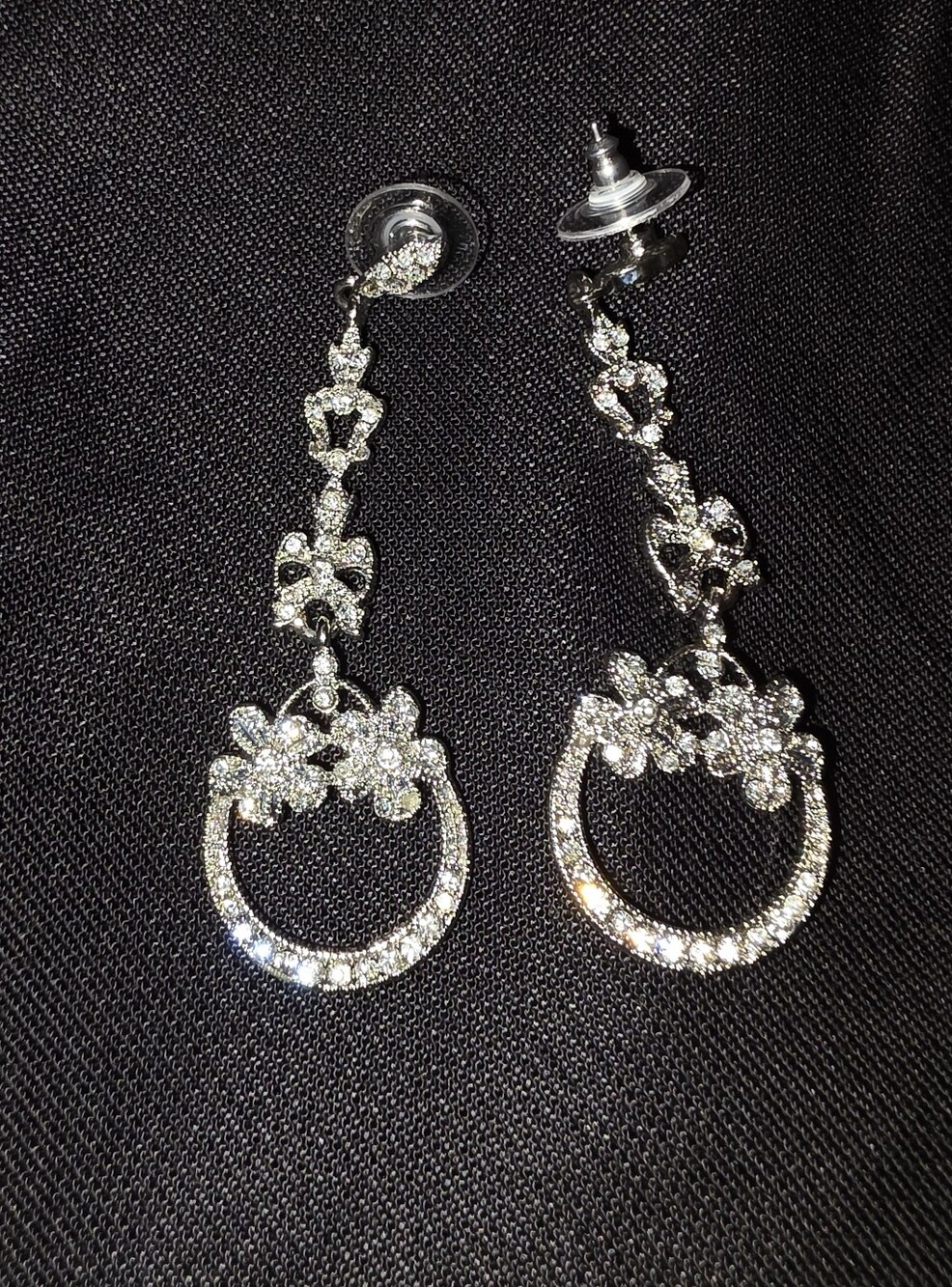 Silver Crystal Floral Drop Earrings - Silver